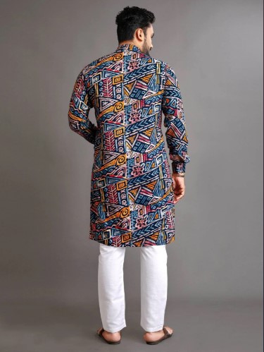 Multicolor Cotton Foil Print Kurta Pajama